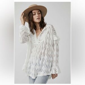 Free People Candy Shop Lace Bohemian Tunic Top Ivory White